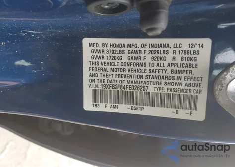 2015 Honda Civic Ex from USA, damaged, VIN 19XFB2F84FE026257